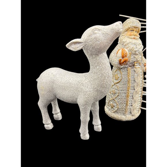 Vintage Glitter Silver Christmas Figurines Set w/ Santa, Reindeer, & Tree Topper - Picture 2 of 6